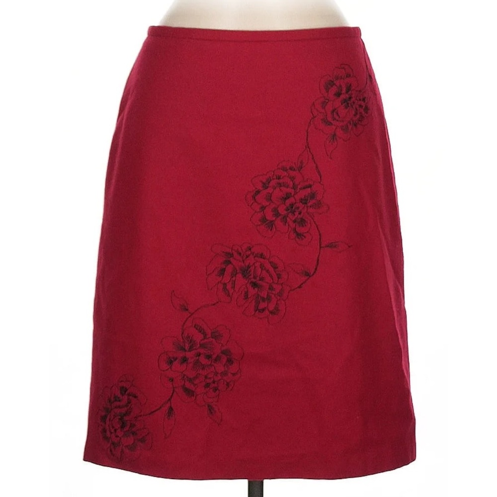 LOFT Red Pencil Skirt with Black Floral Design
